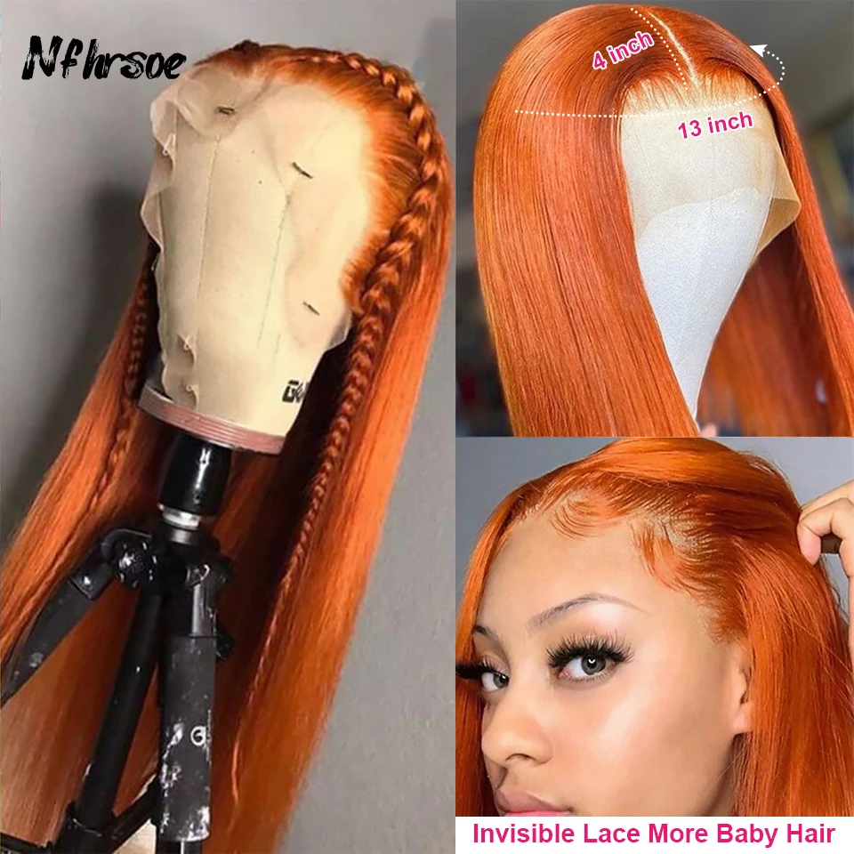 

Transparent Lace Frontal Wigs High Quality Cosplay Ginger Orange Long Straight Brazilian Human Hair Wig For Women Pre Plucked