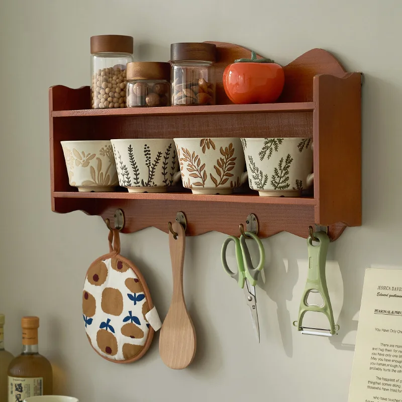 

Zakka Style Nordic Wall Shelf with Hooks, Solid Wood Double-Layer Storage Rack for Kitchen Dining Room Wall Decor