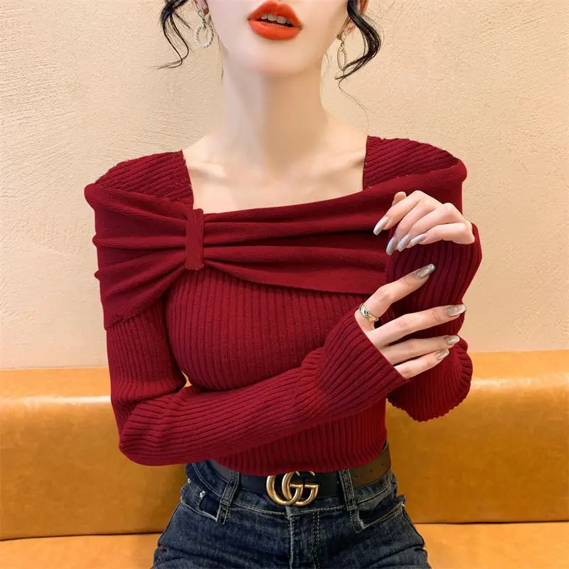 Spring Autumn Solid Color Square Collar Long Sleeve Fashion Sweater Women High Street Casual Slim Korean Style Flares Pullovers