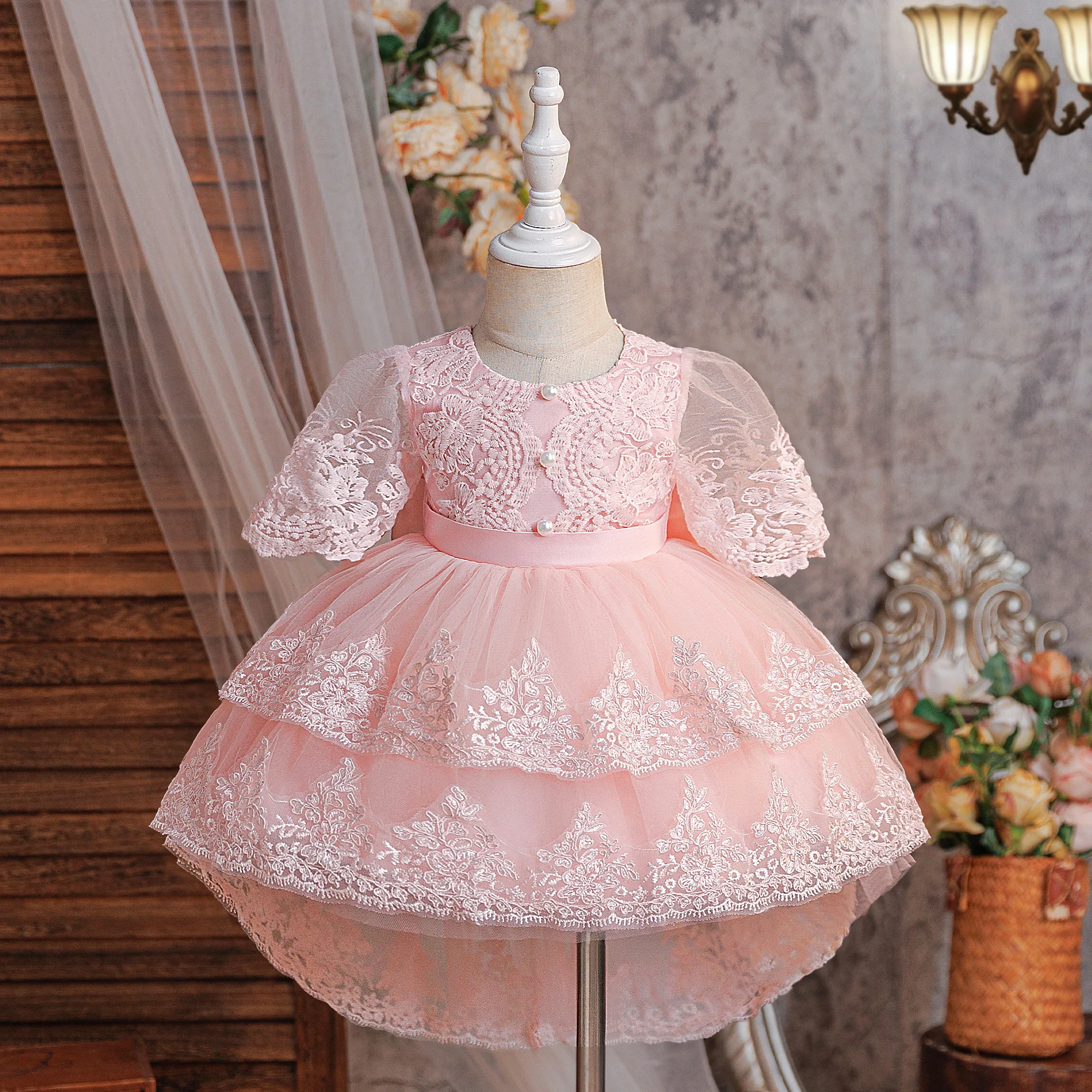 Kleinkind-Spitzenrock mit Schleppe, Mesh-Ballkleid, Elegantes Party-, Tauf-, Geburtstags-, Hochzeits-Prinzessinnenkleid, Mädchen-Brautjungfernkleid, Abschlussballkostüm – Detail 7