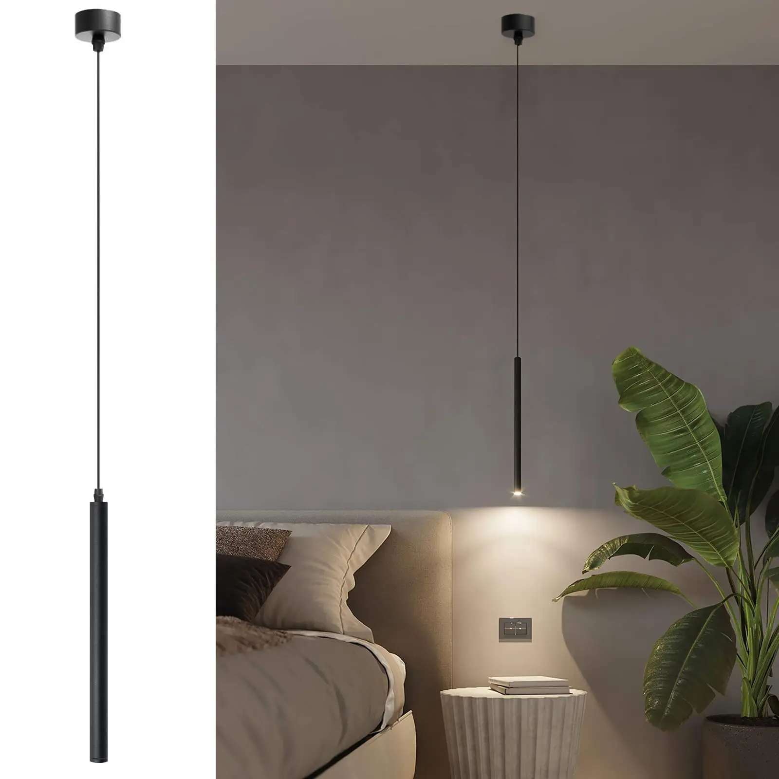 LED Pendant Light Black Bedroom, Cylinder Ceiling Pendant Lamp Living Room, Modern Hanging Lamp For Bedside Dining Light Bar Ø3