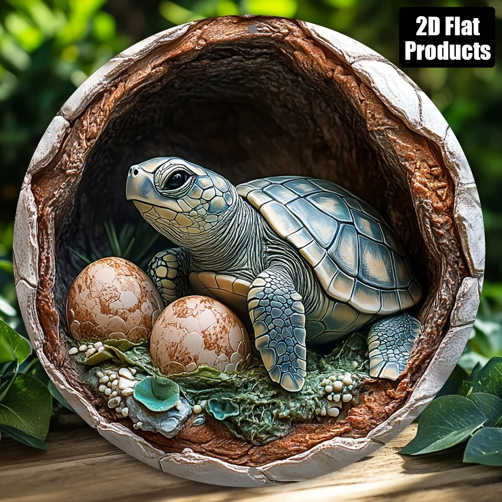2D Metal Sign Round Aluminum Turtle Wall Art Decor 8x8 Inch for Home Bar Cafe Office Indoor Outdoor Gift