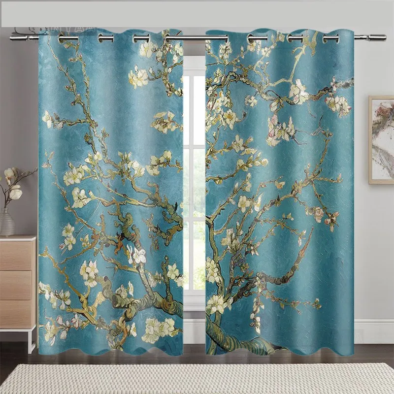 Nordic Simple Curtain Ins Curtain Van Gogh Art Landscape Oil Painting Green Garden Living Room Floor-to-ceiling Window Semishade