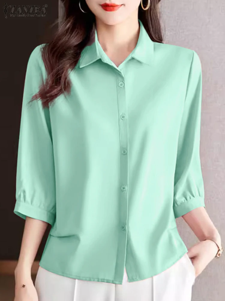 ZANZEA Elegant Women Shirts 2024 Summer 3/4 Sleeve Solid Color Casual Blouses Korean Fashion Button Up Gentle Ladies Camisas