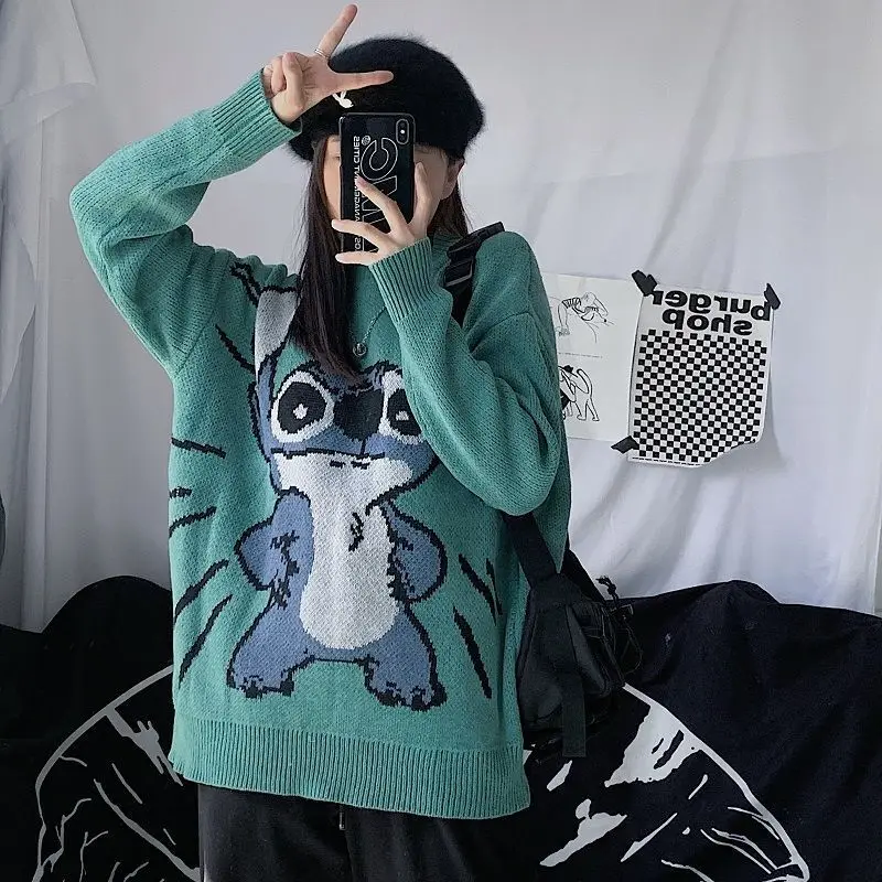 Autumn and Winter Korean New Stitch Knitted Pullovers Cartoon Loose Sweater Women Harajuku Couple Bf Style Knitwear Clothes