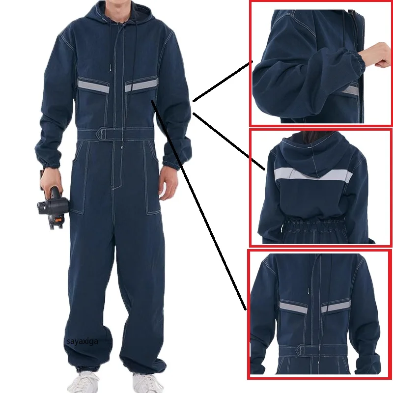 Denim Coveralls Electric Welding Suit Labor Insurance Clothes Auto Repairman Workwear Hooded Overalls Hi Vis Safety Jumpsuits4xl