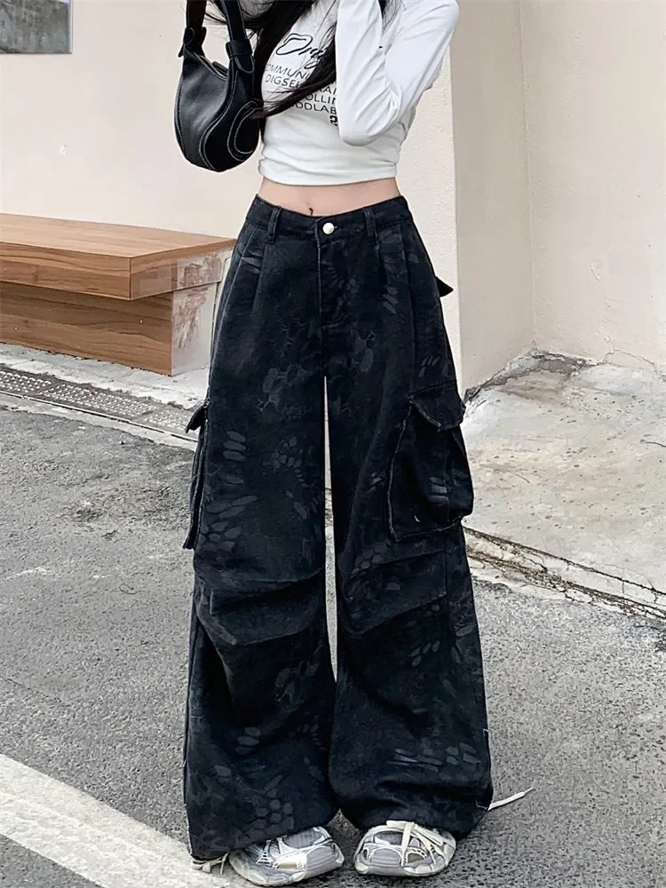 American Retro Streetwear Baggy Jeans Women Low Rise Harajuku Y2K Denim Cargo Pants Hip Pop 2000s Grunge Wide Leg Trousers