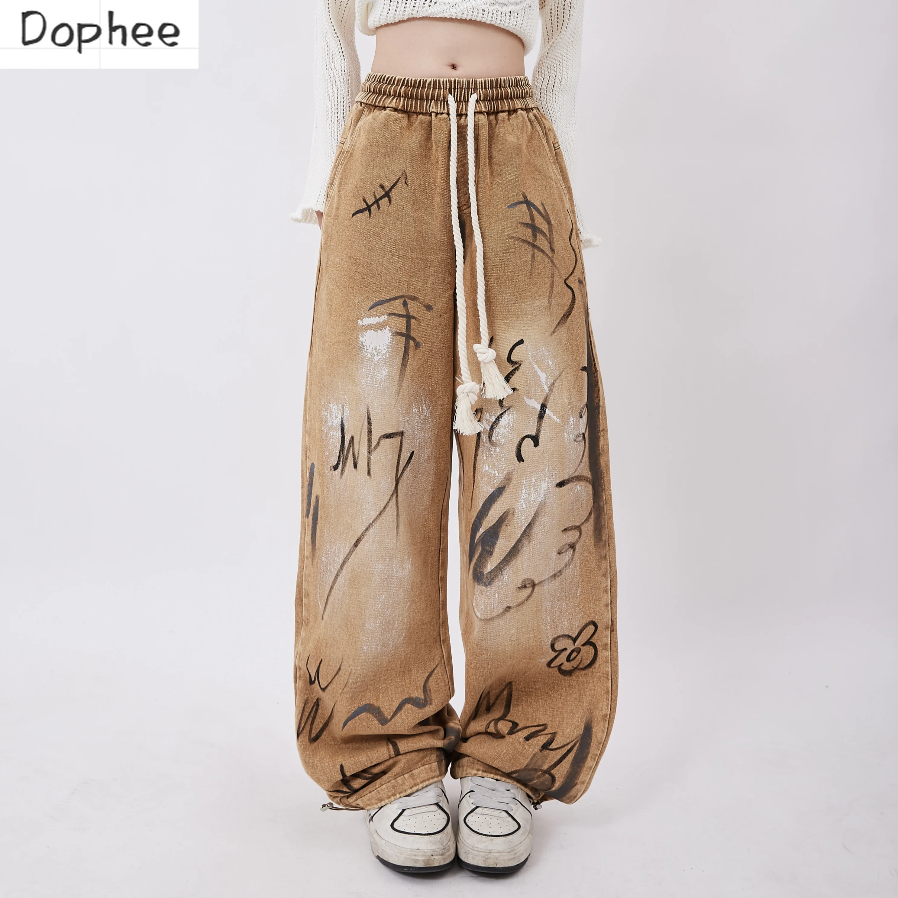 Dophee Dopamine Jeans for Women New Autumn Creative Graffiti Loose Straight Pants Drawstring Elastic Waist Casual Denim Trousers