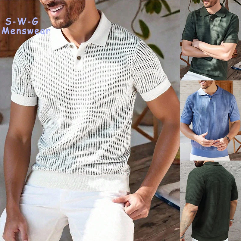 

New Trendy Mens Knit Shirts Short Sleeve Polo Casual Golf Shorts Polo Shirts Solid Color Breathable Soft Male Summer Top