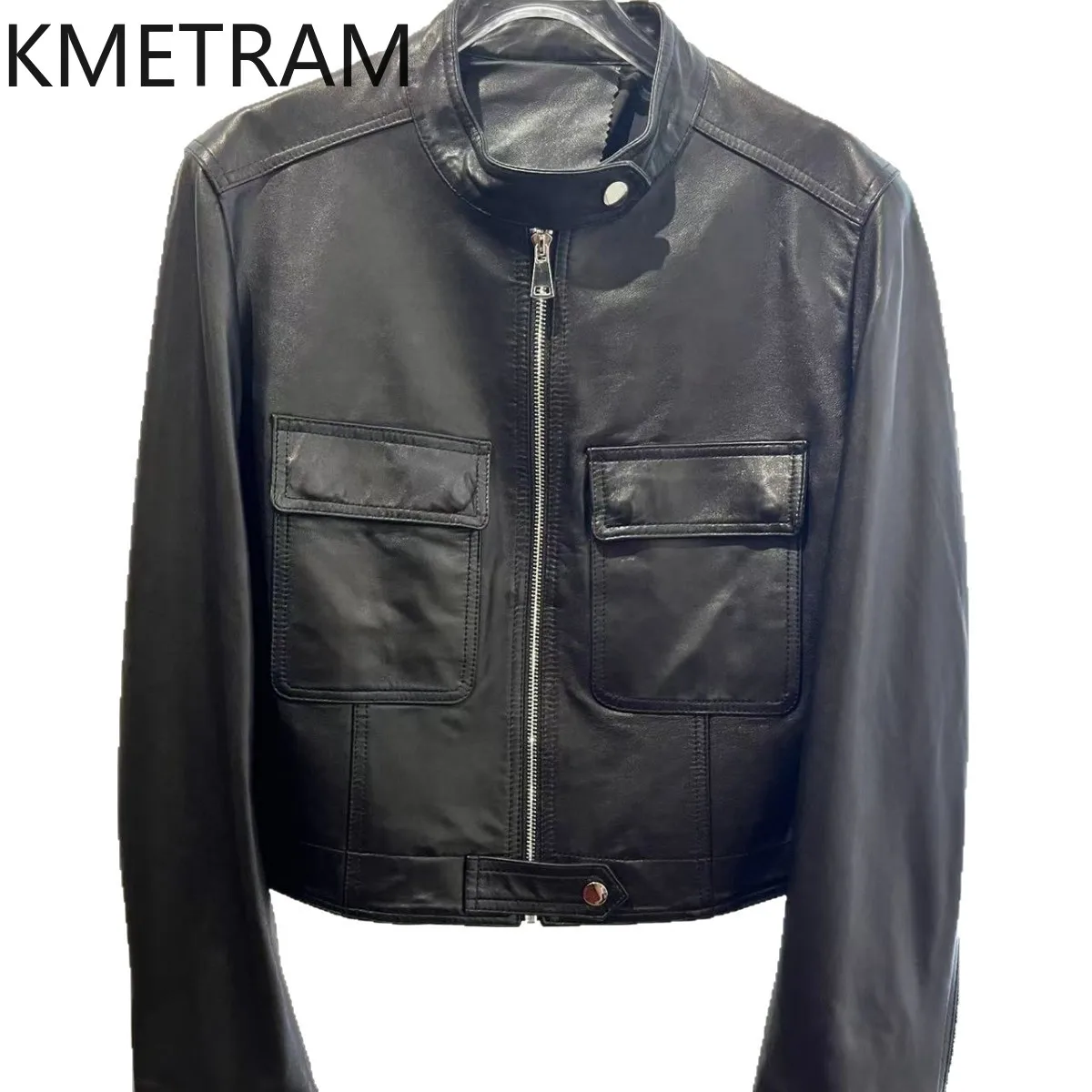 KMETRAM Real Sheepskin Leather Jacket Woman Short Stand Collar Coat Black Motorcycle Jackets Spring Autumn Women Clothes 2026 자켓
