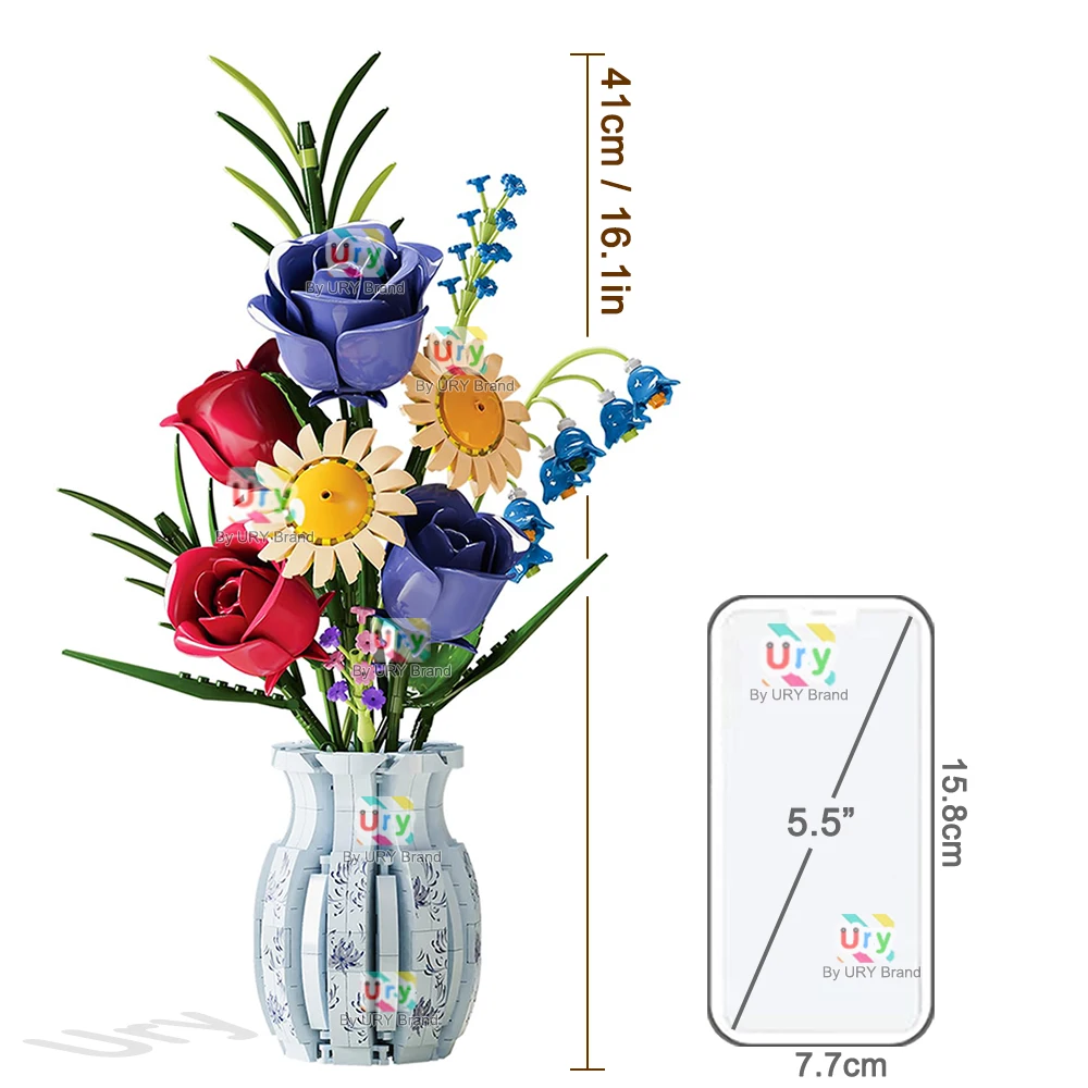 Flower Bouquet 3D Daisy Rose Lily of The Valley with Vase Set Building Block Model Home Decoration Valentine's Day Gift for Girl