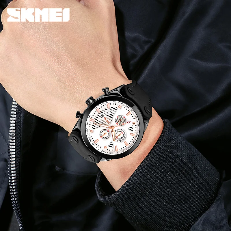 SKMEI Fashion Vintage Quartz Watch Luxury Leather Strap Men\'s Watches Top Brand Business Wristwatch Stopwatch Calendar Clock