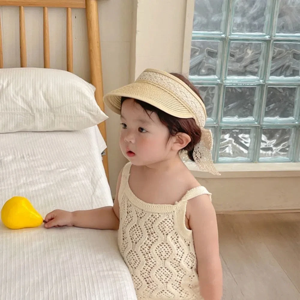 

New Summer Baby Straw Caps Korean Empty Top Bow Lace Straw Hat Beach Wide Brim Children Sun Hat Outdoor