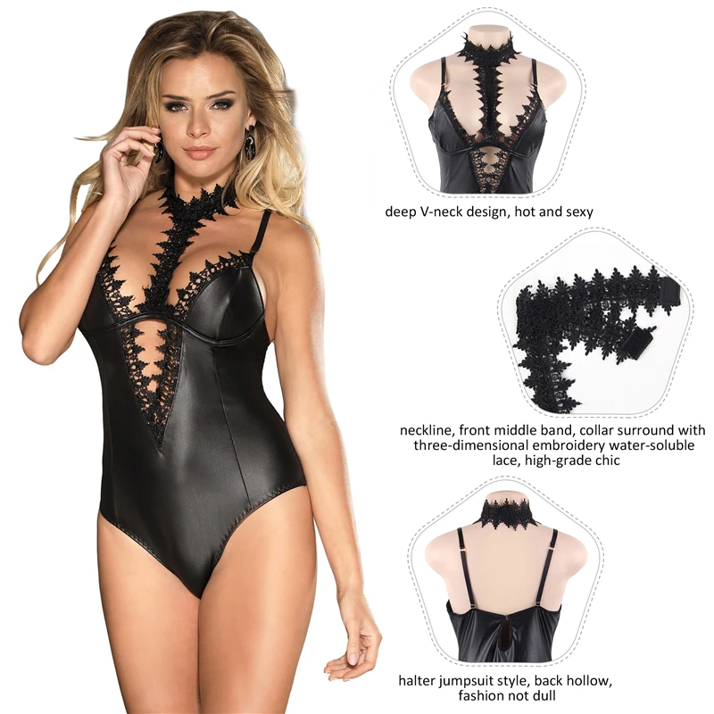 Ohyeahlady Halter Choker Sexy Leather Bodysuits Black Teddy Lingerie Deep V-neck Jumpsuits Fashion Oversized Lace Club Playsuit