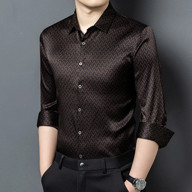 Men Thin Long-sleeved Lapel Shirt Silk Business Casual Shirt Spring New