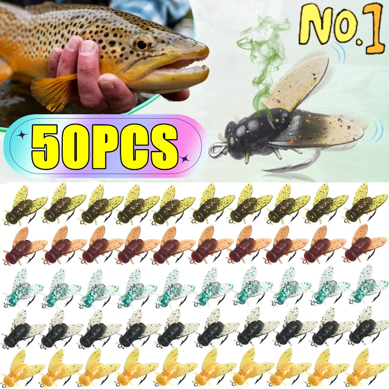 

New 50PCS PVC Fly Fishing Flies Mini Bionic Soft Rubber Fly Fishing Lures Lifelike Flies Insects Lures Hooks Fishing Accessories