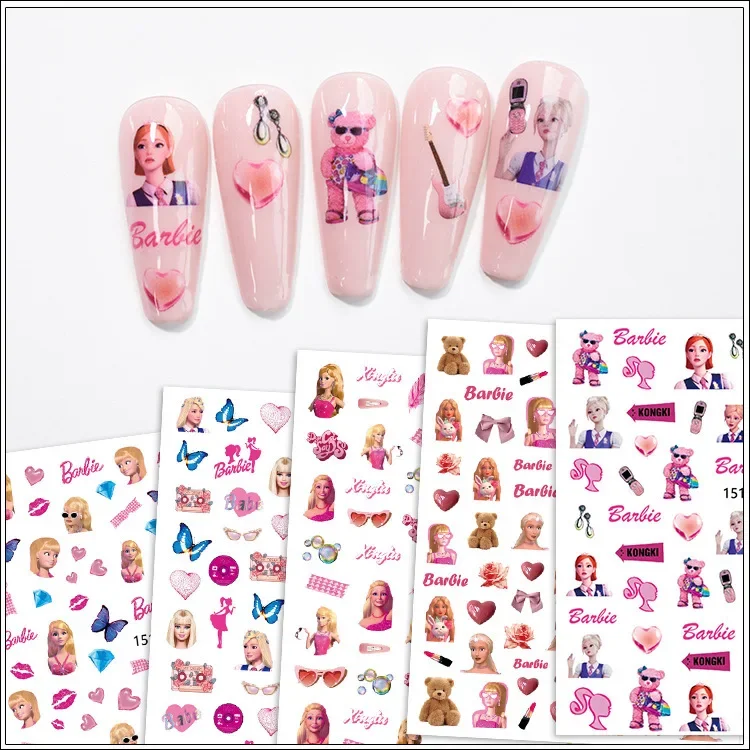 

1PCS Cartoon Disney Princess 3D Barbie Nail Stickers Pink Kids Girls Nail Art Decoration Nail Decals Press on Nails Manicure