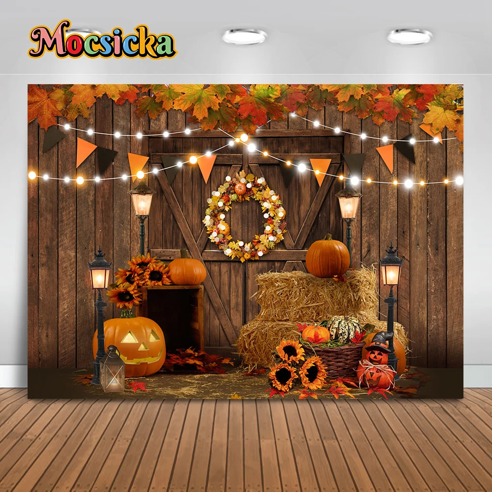 Halloween Pumpkin Wooden House Photographic Backdrop Autumn Forest Child Baby Shower Photography Background Family Photo Banner