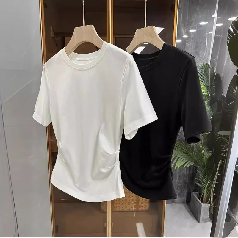 Summer New Top Three Acetate Press Pleated Short-sleeved T-shirt for Women