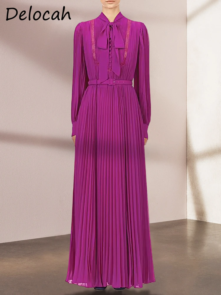 

Delocah High Quality Spring Women Fashion Runway Purple Long Dress With Belt Lantern Sleeve Vintage Style Party Pleated Dresses