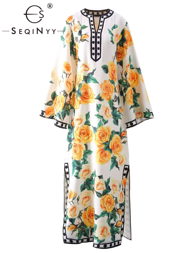 

SEQINYY Elegant Long Dress Summer Spring New Fashion Design Women Runway Flare Sleeve Vintage Flower Print Split Sicily