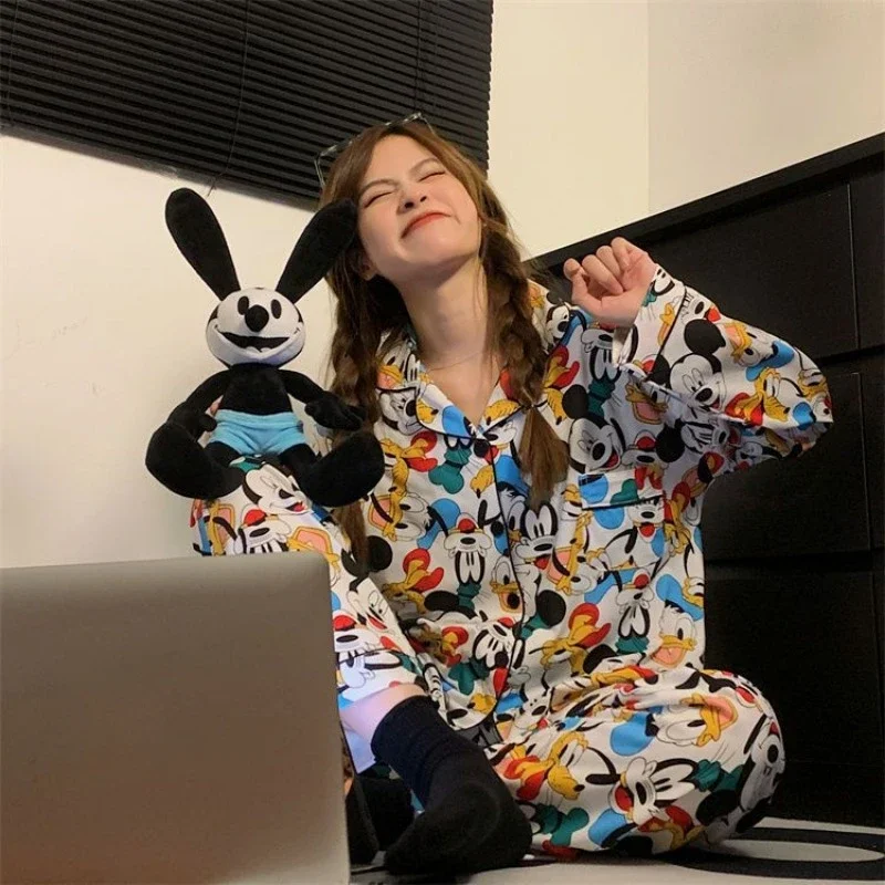 Disney Mickey Donald Duck Pluto cute cartoon girl heart spring and autumn pure cotton long-sleeved home clothes couple pajamas