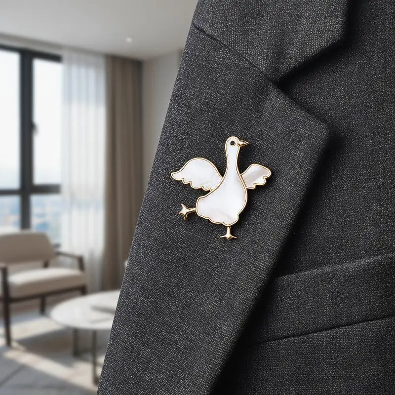 Cute Goose Shaped Brooch Natural Mother Of Pearl Inlay Gold Plated Trim For Jackets Scarves Daily Wear