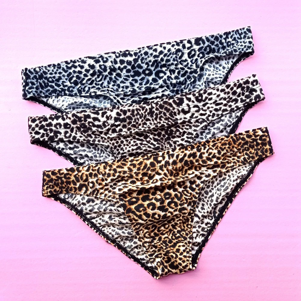 Bragas con bolsa Sexy para hombre, calzoncillos con estampado de leopardo, seda de hielo, amigable con la piel, ropa interior transpirable, Bikini cómodo de cintura baja