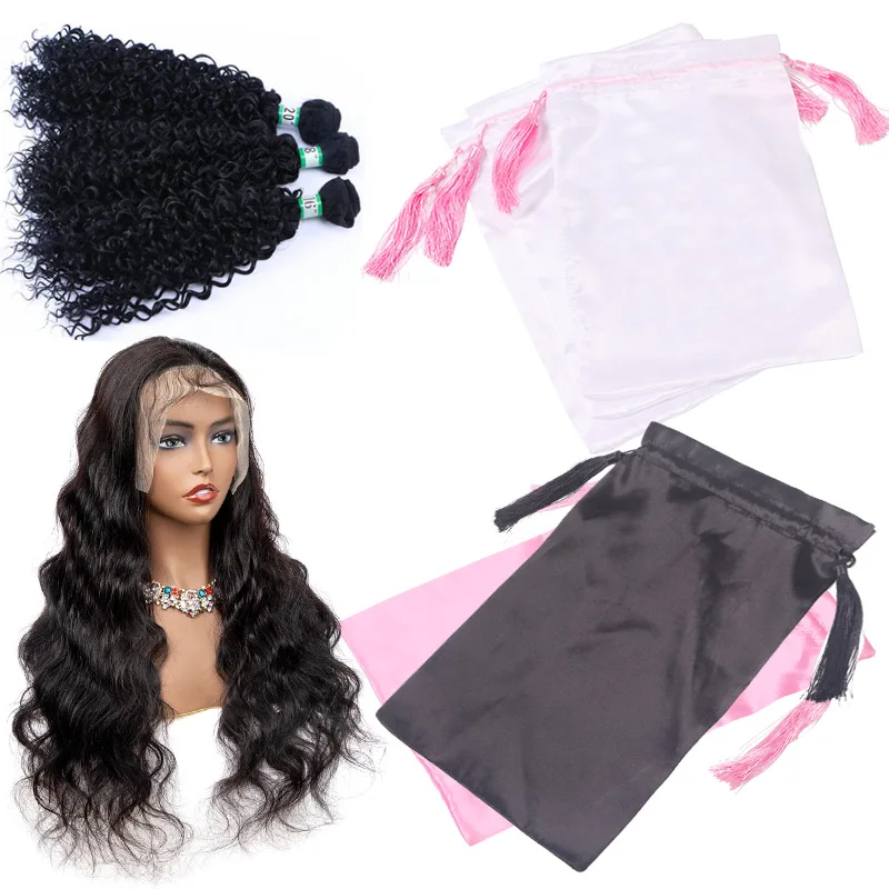 1Pcs Hair Storage Bags With Tassel Pink Satin Bag With Drawstring For Packaging Wigs 25*35Cm Black Wig Storage Bag For Bundles