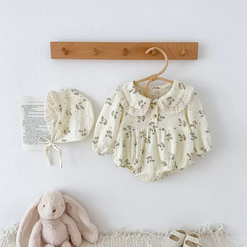 2025 신상 봄 유아 아기 바디슈트+모자 긴팔 면 꽃무늬 프린팅 신생아 여아 점프슈트 아기옷