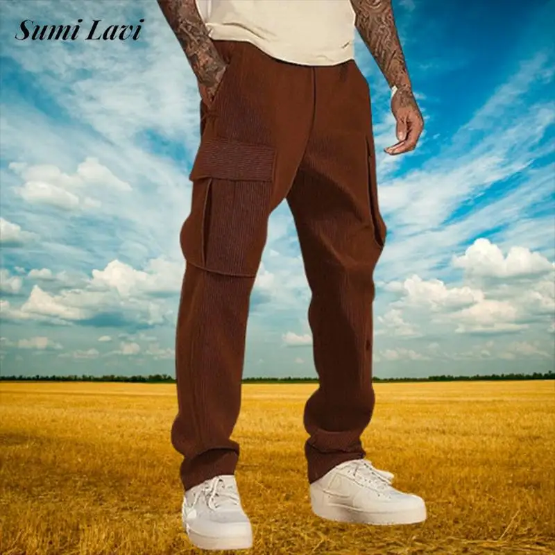 

2025 Autumn New Casual Pants Mens Fashion Multi Pockets Corduroy Trousers Daily Leisure Men Solid Color Loose Straight Trousers