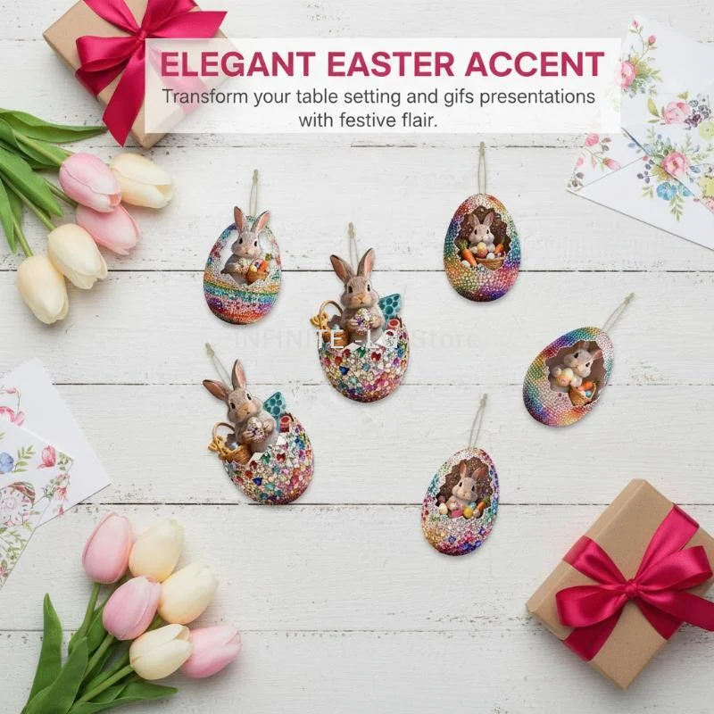8Pcs Wooden Easter Egg Decorative Hanging Set 2D DIY Craft Easter Simulation Egg Decorative Artificial Egg Hanging Ornament