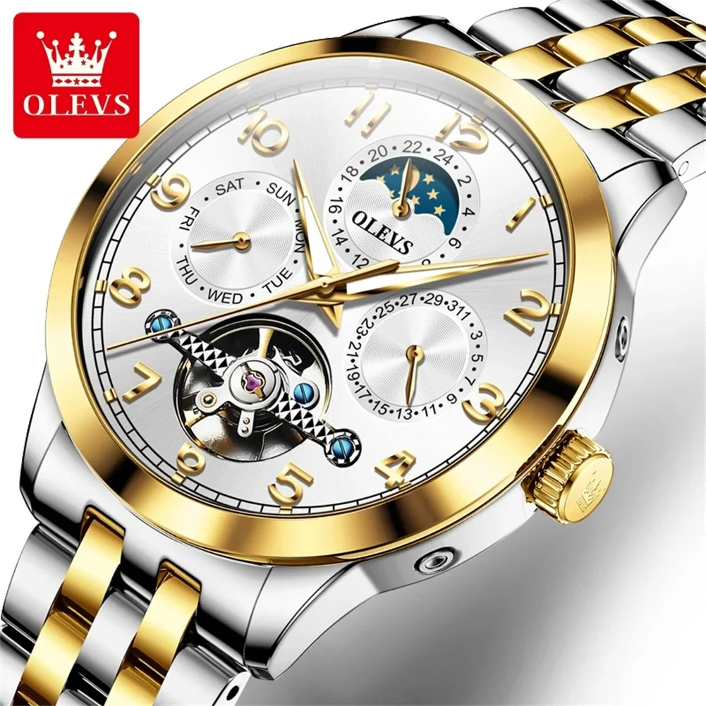 

OLEVS 7018 Hollow Luxury Mechanical Watch For Men Moonswatch Number Dial Waterproof Man Watches Auto Date Original WristWatch