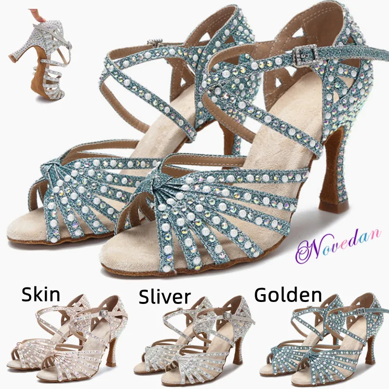 Women Party Dance Shoes White Satin Shining Rhinestones Soft Latin Dance Shoes Wedding Salsa Dance Shoes High Heels Sandals