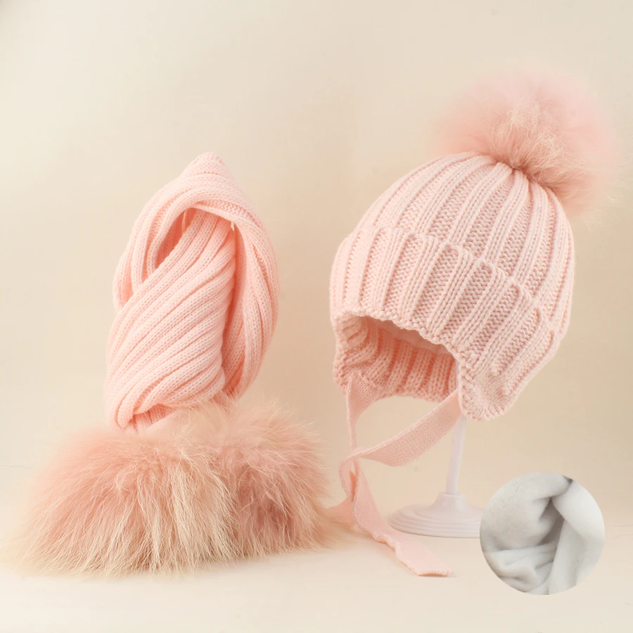 

Kid Winter Scarf Hat Set Real Raccoon Fur Pompom Hat Baby Boy Girl Knitted Beanies EarflapThick Warm Fleece Cap 1-6Y