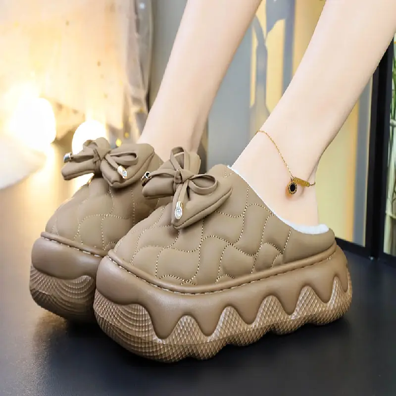 

New 6 cm high heel winter slippers women's short plush home shoes bedroom slippers woman platform bow fur slides lolita slipper