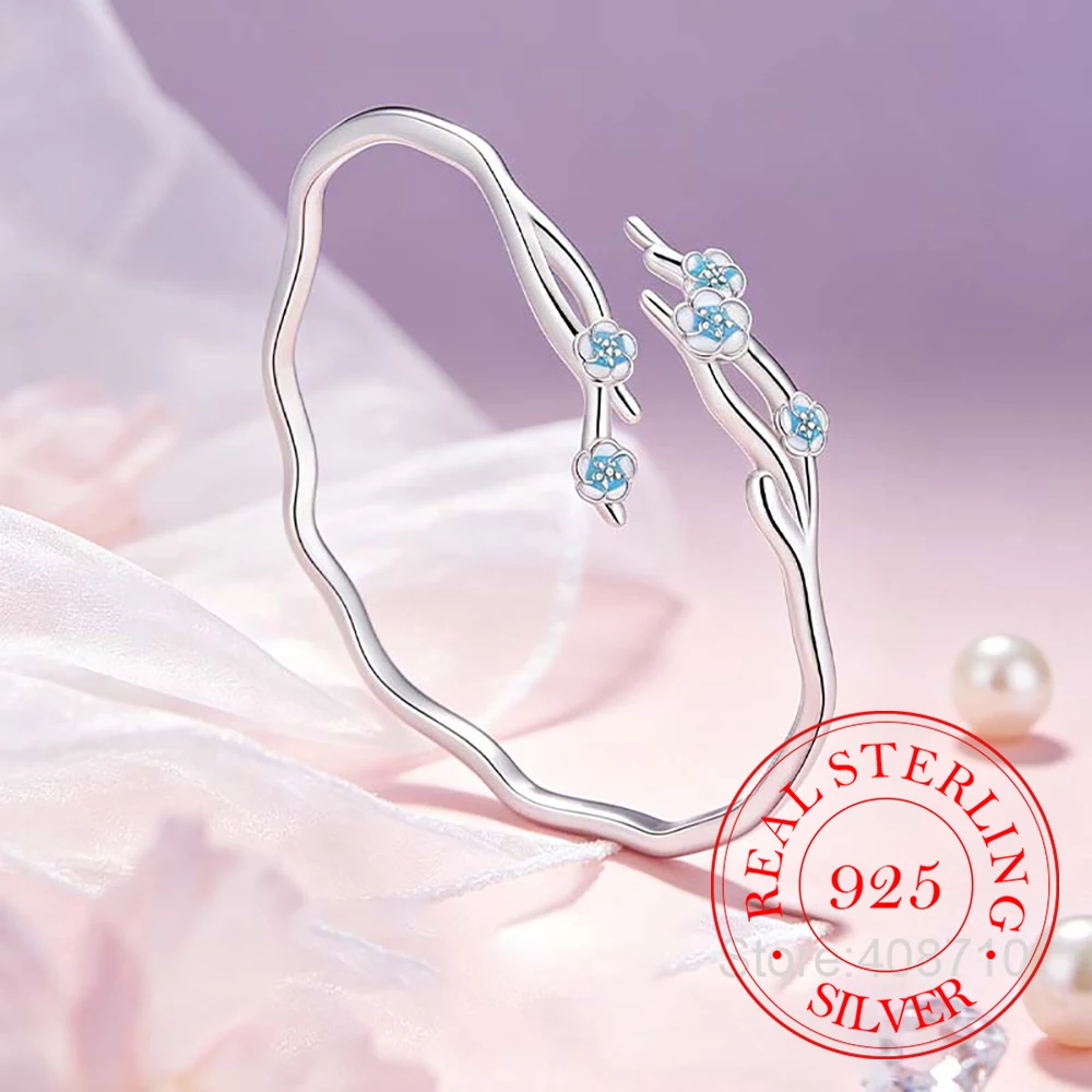 925 Sterling Silver Jewelry Delicate Jasmine Flowers Cuff Bangles Bracelets for Women Homme Wedding Party Jewelry Friends Gift