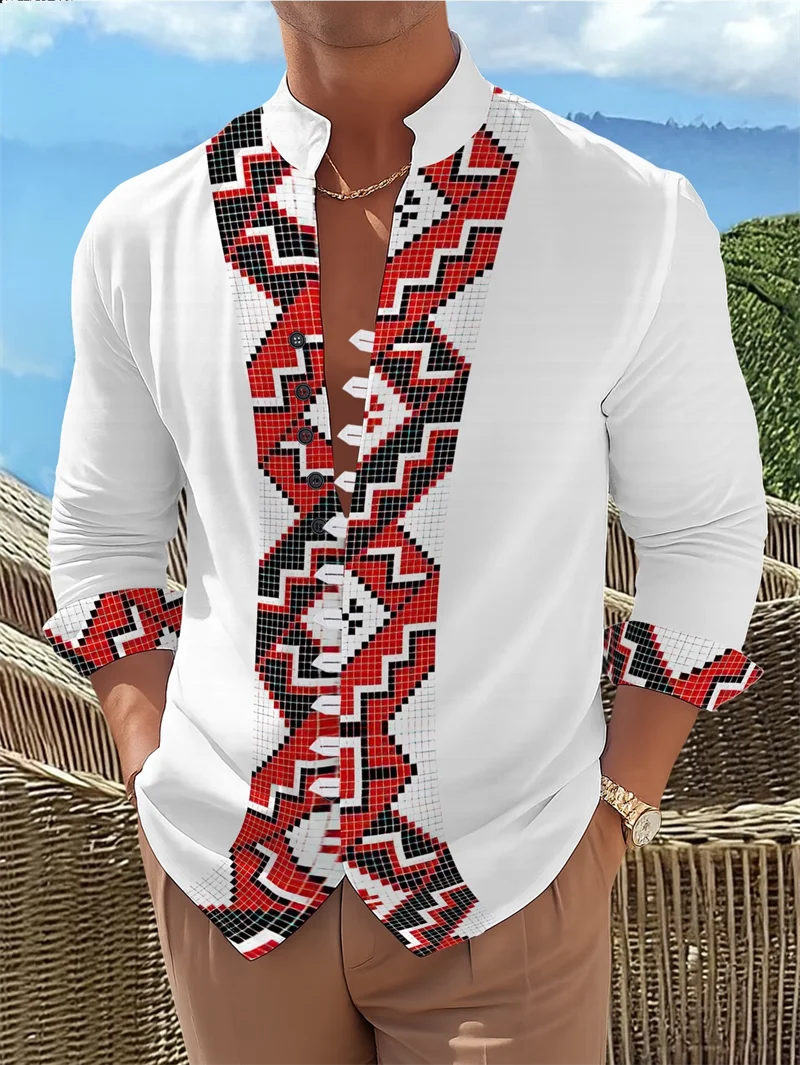 

New retro contrasting serrated shirt men's stand up collar single breasted personalized long sleeved top