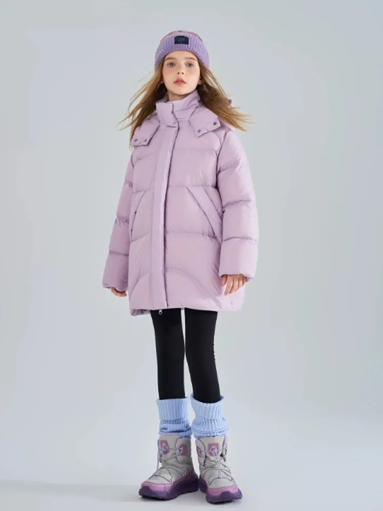 Mädchen Kapuzen-Pufferjacke Winter Warme Dicke Parka Kinderjacke mit Kordelzug in der Taille Daunen-Baumwolljacke Kinder-Oberbekleidung Lila A5118 – Detail 5