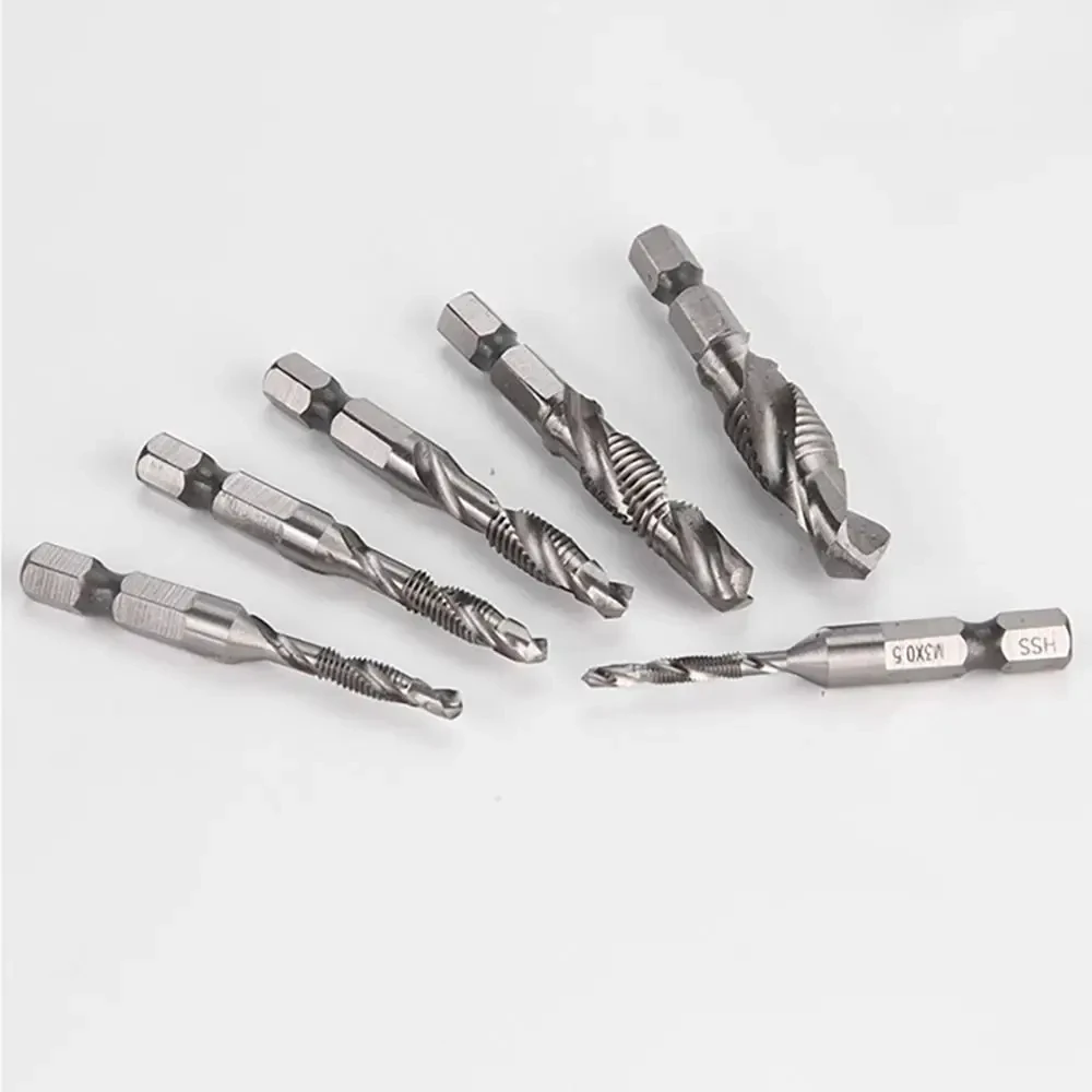 6 buah Set mata bor Tap, peralatan listrik berlapis Titanium batang Hex, mesin sekrup ulir HSS M3 M4 M5 M6 M8 M10