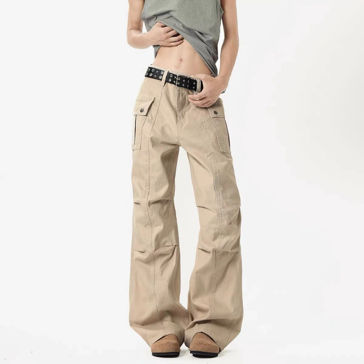 

Модные брюки-карго в американском уличном стиле для мужчин и женщин, с плиссировкой, многофункциональные, прямые, с легким расклешением, повседневные...