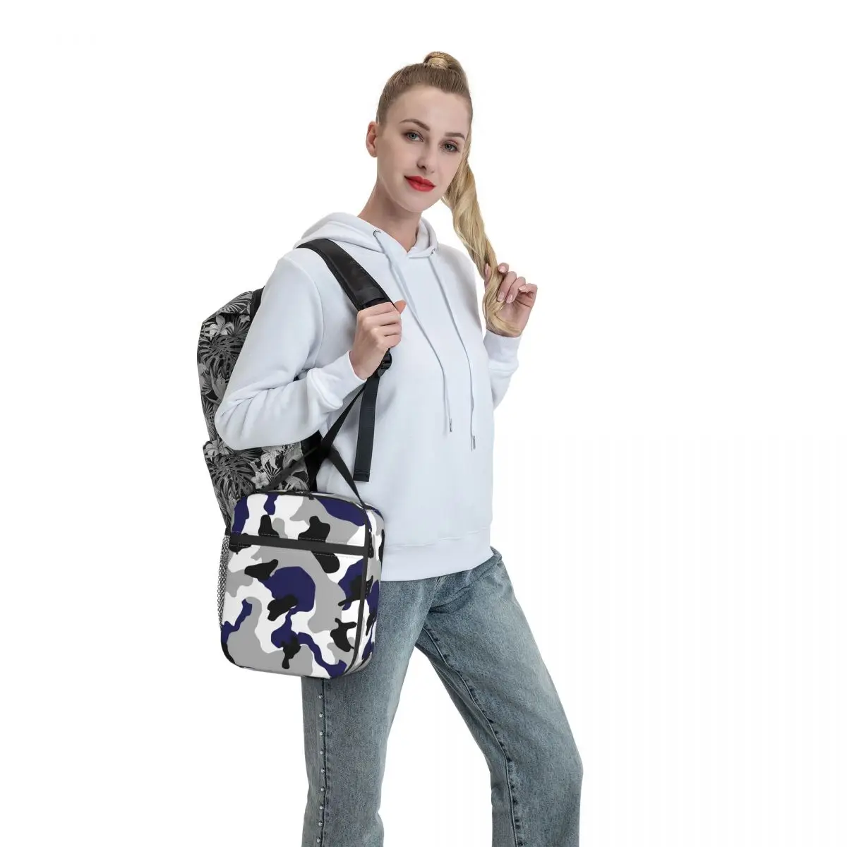 حقيبة غداء مموهة باللون الأزرق للرجال، صندوق غداء جمالي للسفر، حقيبة تبريد محمولة من أكسفورد الحرارية #5