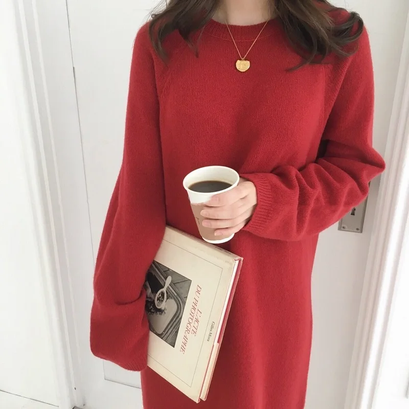 Women Autumn Winter Warm Long Sweater Dress Female Long Sleeve Straight Knitted Maxi Vestidos new Pull Femme Loose Dress