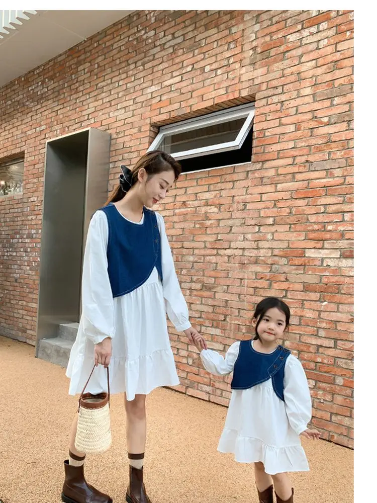 Family Matching Outfits Denim Vest White Dress Mom and Daughter Spring Summer Ruflle Girl Baby Retro O-neck Solid Japan Style