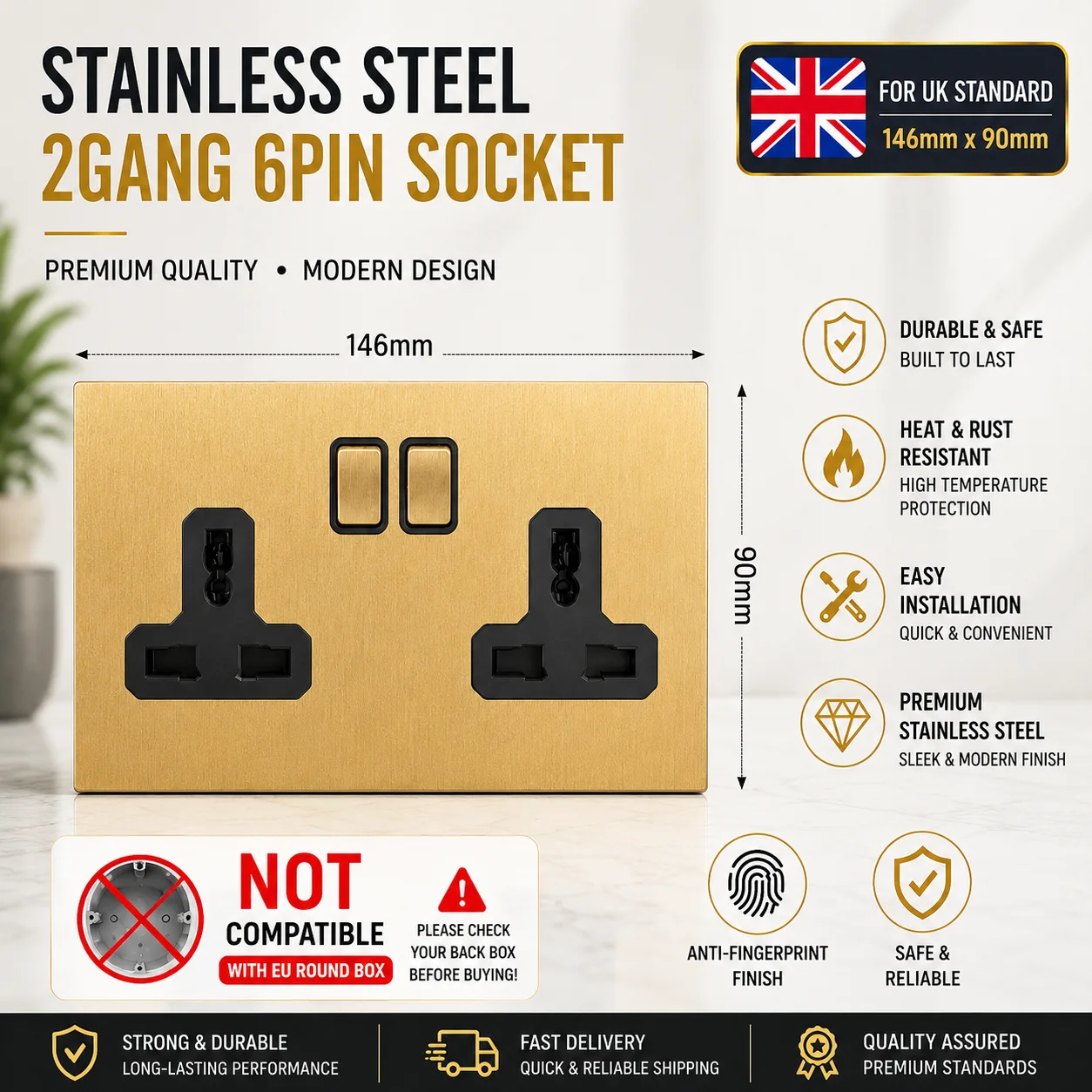 Gold Brushed Stainless Steel Metal Toggle Wall Light Switch EU FR UK Power Socket Middle Switch CAT6 USB AC110-250V 86mm Switch