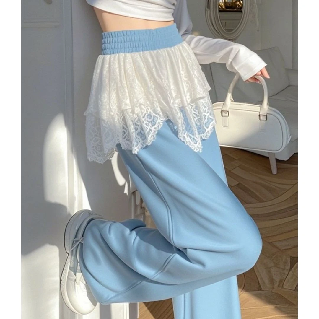 

2025 Spring New Lazy Style Popular Loose Casual Blue Lace Splicing Wide Leg Waist Pants for Women