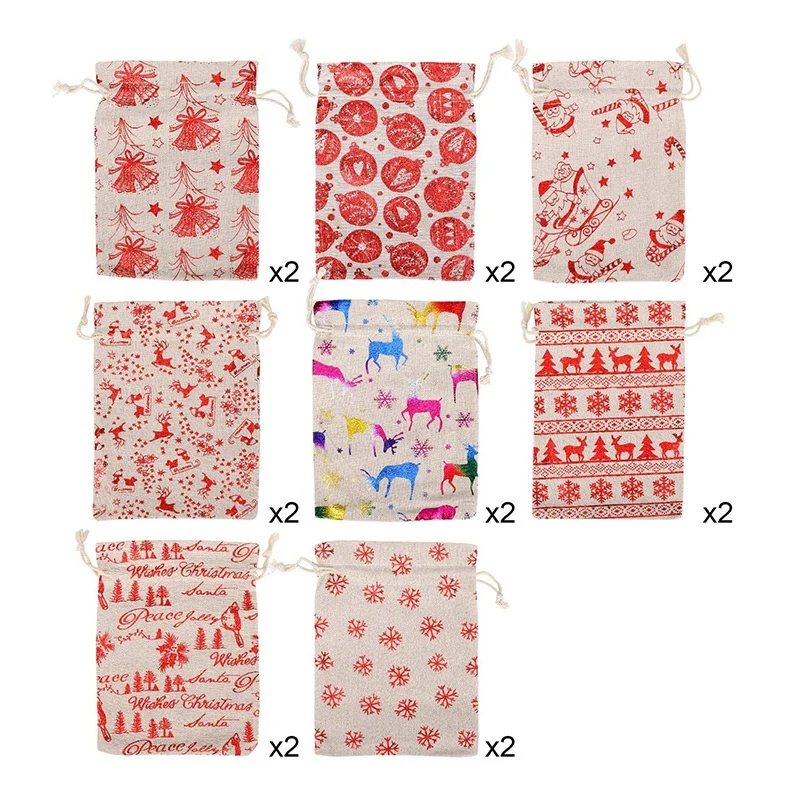 Bolsas de regalo de arpillera con cordón para Navidad, 16 piezas, envoltorio para dulces, suministros para fiestas de Navidad