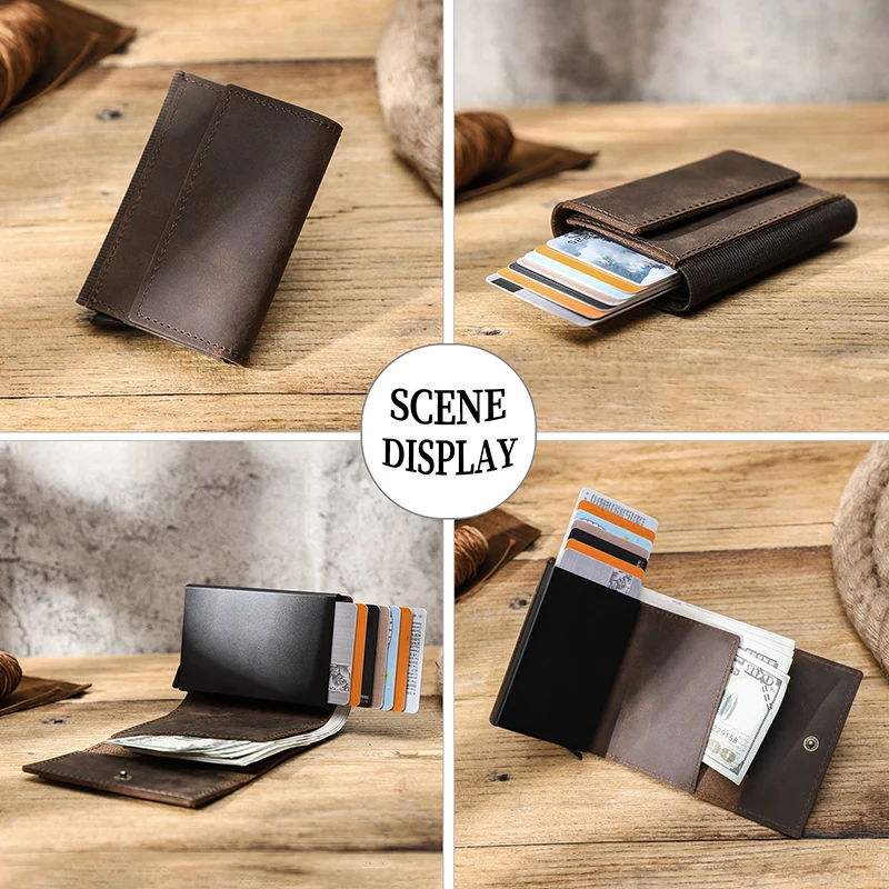 CONTACT'S Genuine Leather RFID Card Wallets for Men Aluminium Box Card Case Card Holders Money Clips Slim Casual Men's Wallets