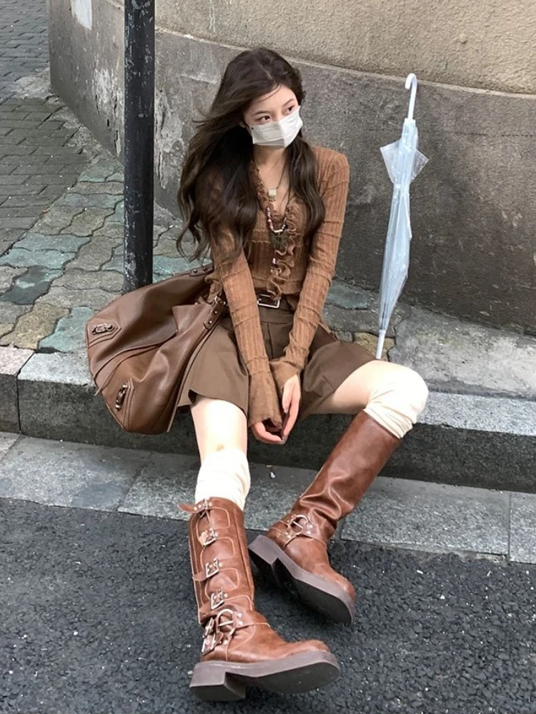 Amerikaanse Stijl Bruin Kant Gebreide 3 Delige Set Vrouwen Herfst Winter Casual High Street Sets Y2k Top + korte Rok Pak 2025 Nieuwe