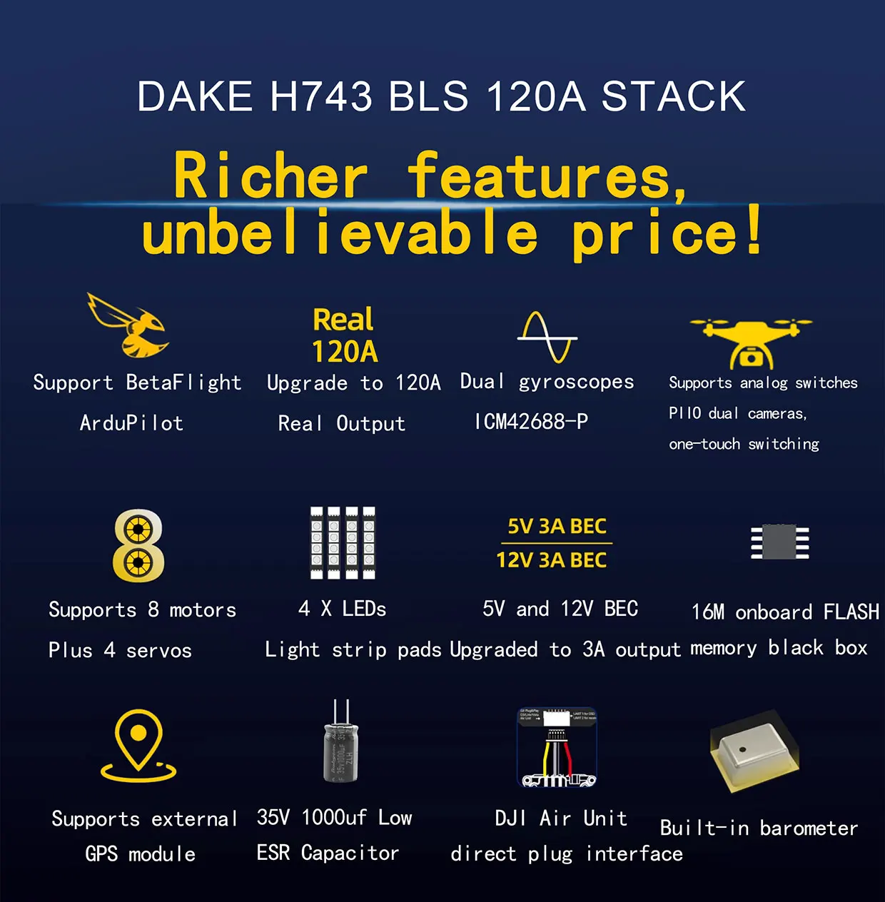 DAKEFPV H743 12S 120A Stack INAV Betaflight Ardupilot H743 FC Flugsteuerung FPV Stack für 13 15 18 Zoll FPV Drohnenrahmen – Detail 2